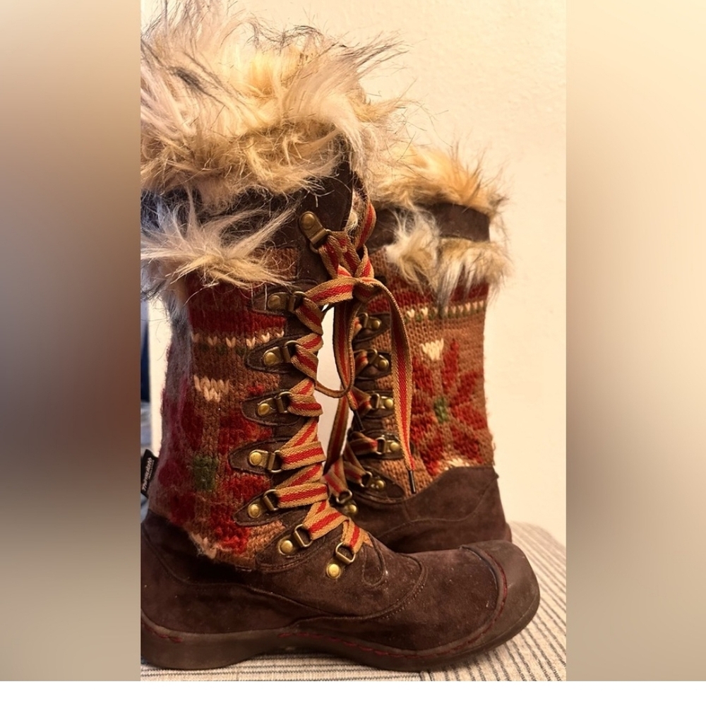 Brown and Red Winter Rain Boots with Fur Trim